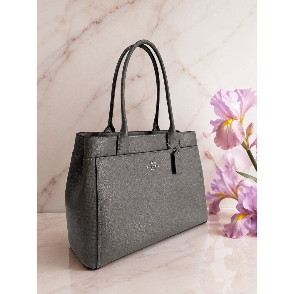 COACH Casey F31474 Tote Bag Purse Gray Durable Crossgrain Leather Large Logo